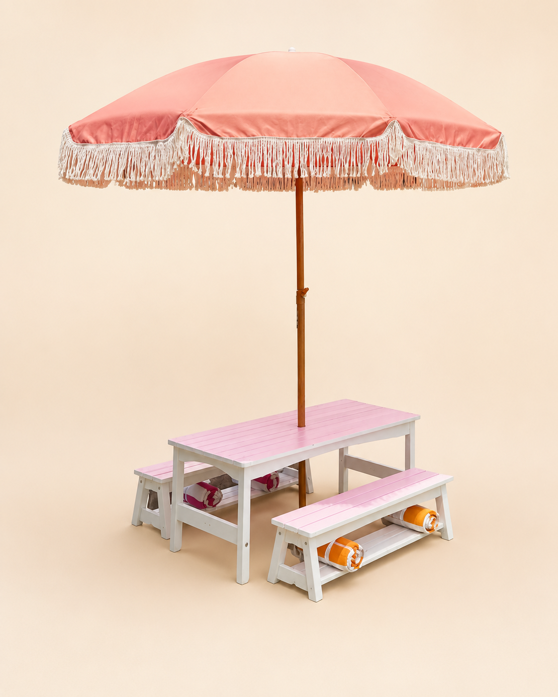 Kids table and chair rental set in white and pink at a Dallas backyard birthday party